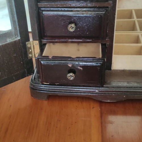 Jewelry cabinet used, wooden with wind-up music box