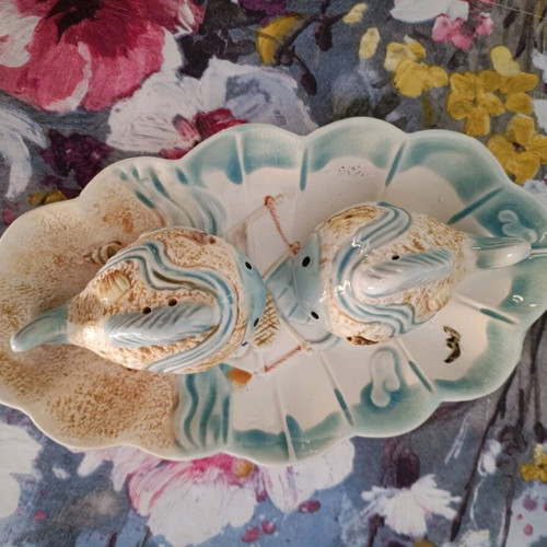 Vintage ceramic salt and pepper set with fish design like new