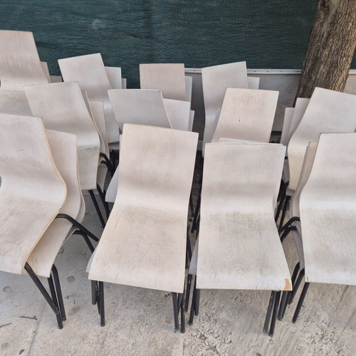 White chairs, 36 pcs, iron wood chairs 10 pcs, tables 10 pcs, wooden stools 6 pcs, fabric stools 4 pcs
