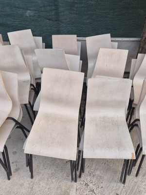 White chairs, 36 pcs, iron wood chairs 10 pcs, tables 10 pcs, wooden stools 6 pcs, fabric stools 4 pcs