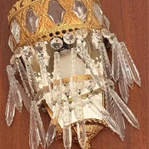 Brass wall lights set like new, pair with crystals