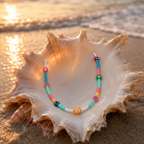Handmade Necklace with Fimo Discs and Ceramic Elements