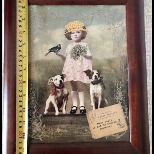 Vintage art prints used, set of 2, decoupage technique with children and dogs