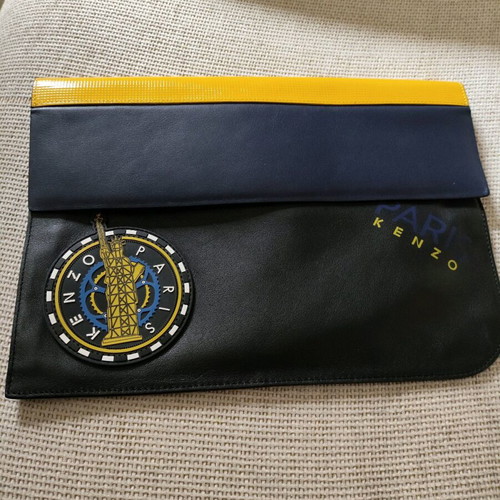 Kenzo Paris Unisex leather clutch like new, black with yellow details