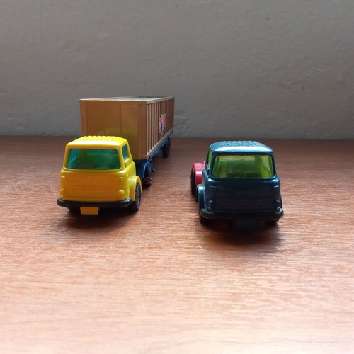 Joy Toy collectible plastic toy trucks used, pack of 2, 1980s