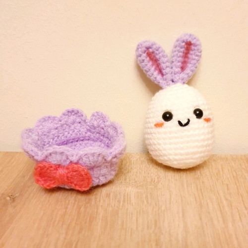 Easter bunny in lilac knitted basket handmade made to order