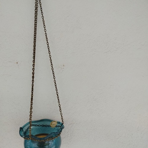 Hanging Oil Lamp Used, Free Blown Glass with Metal Chain