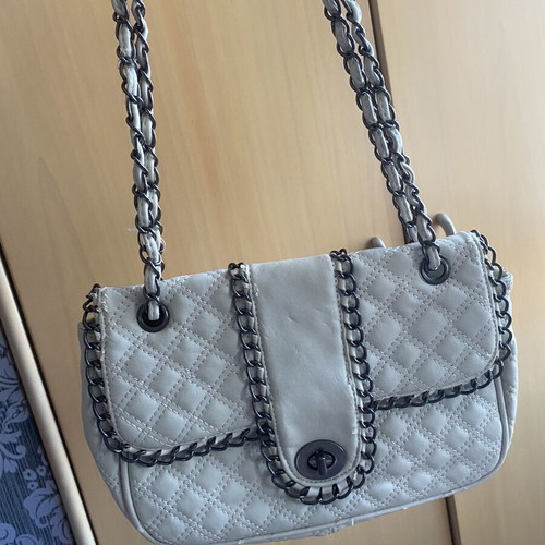 Quilted chain shoulder bag used, cream beige with decorative chains