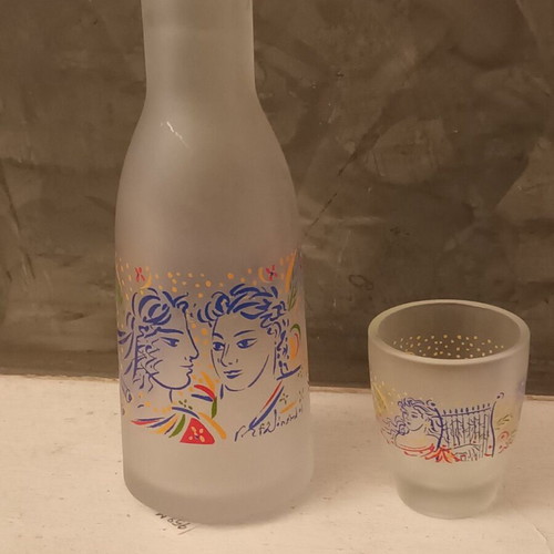 Collectible carafe with shot glass, like new, signed by G. Stathopoulos