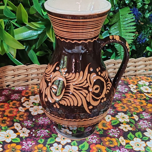 Vintage pottery jug with floral sgraffito decoration, 22 cm