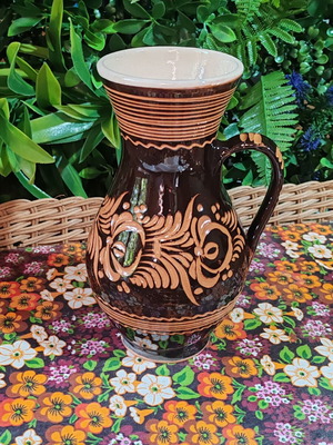 Vintage pottery jug with floral sgraffito decoration, 22 cm