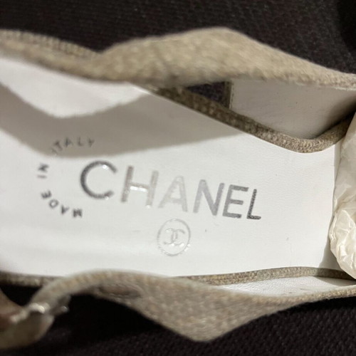 Chanel Beige Canvas Peep Toe Slingback Sandals size 39 like new