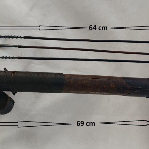 Tribal Quiver and 3 Arrows with Metal Tips used, wood and leather