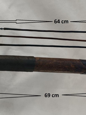 Tribal Quiver and 3 Arrows with Metal Tips used, wood and leather