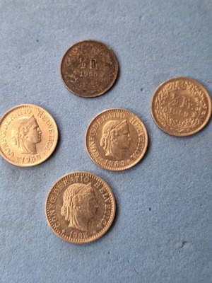 Swiss coins used, old, set of 5 from 1950 and later