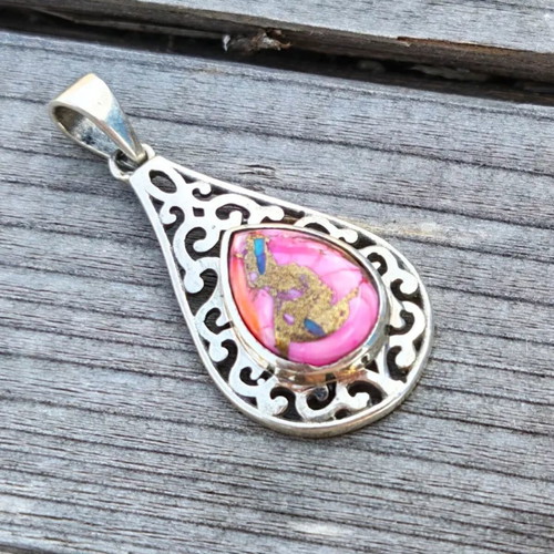 Silver pendant with pink oyster copper turquoise new