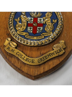 English plaque on wooden base, Royal Navy Greenwich College