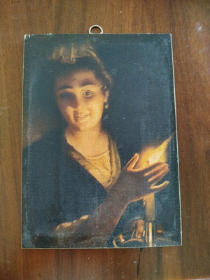 Vintage print used on wood "Young Girl with Candle"