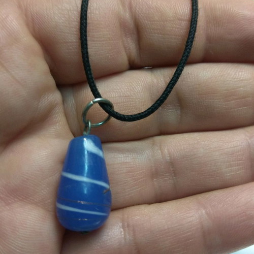 Handmade glass pendant blue bead 2.5cm teardrop shape with white stripe like new
