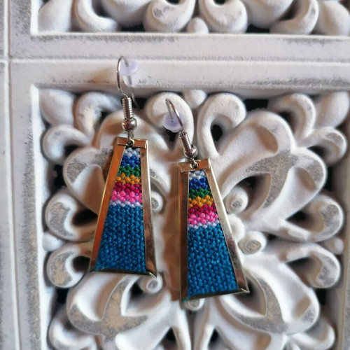 Handmade earrings new alpaca metal with colorful woven wool