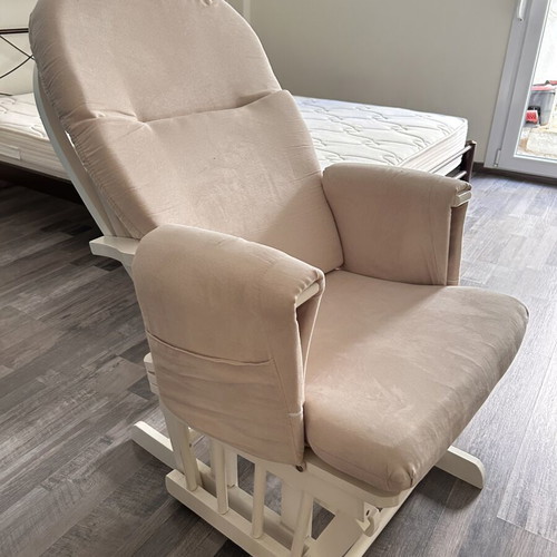 Rocking nursing chair like new, white wooden frame, beige fabric
