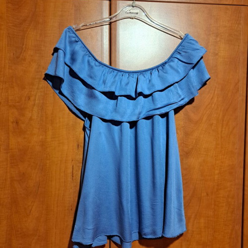 Satin off-shoulder blouse with ruffles like new, blue, size S/M