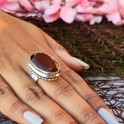 Retro ring with red stone and silver plating, size 57
