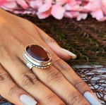 Retro ring with red stone and silver plating, size 57