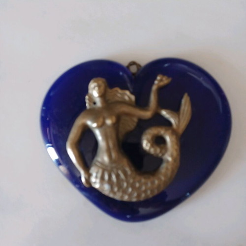 Good luck charm made of blown glass with bronze mermaid like new
