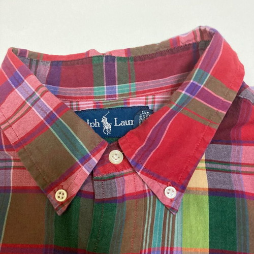 Ralph Lauren Oxford short sleeve shirt XL, red green blocked, dark green pony