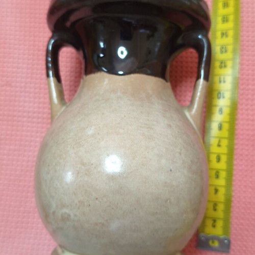 Vintage handmade ceramic vase amphora with roses, like new, 16 cm