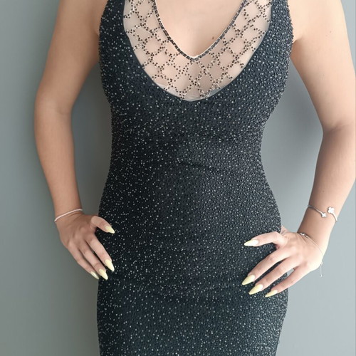 Luxury black silk maxi dress with handmade bead embroidery