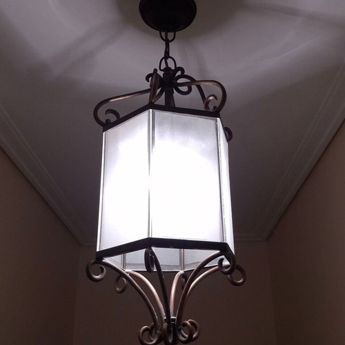 Vintage hexagonal brass ceiling light lantern like new, frosted glass