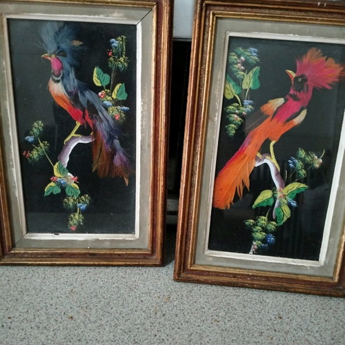 Set of vintage hand-painted art with natural feathers used