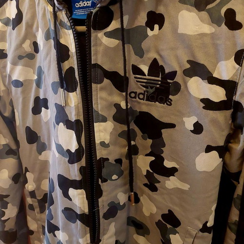 Adidas Original jacket used, black and white camo with hood and fleece lining