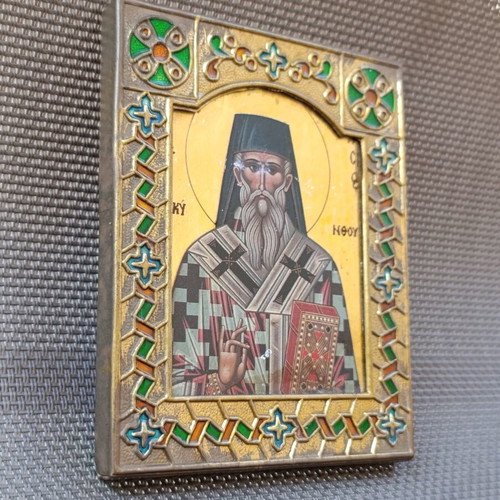 Vintage icon in brass frame with enamel