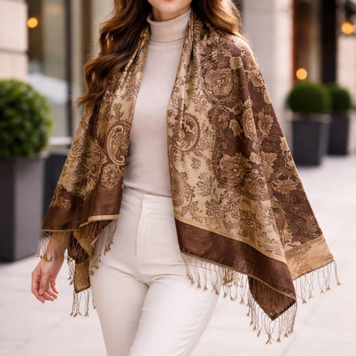 Pashmina scarf double-sided, new, gold and brown floral paisley design