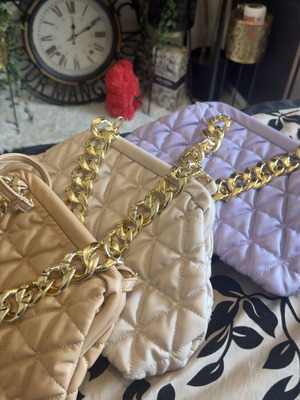 Set of 3 new handheld bags camel, beige & purple with gold details