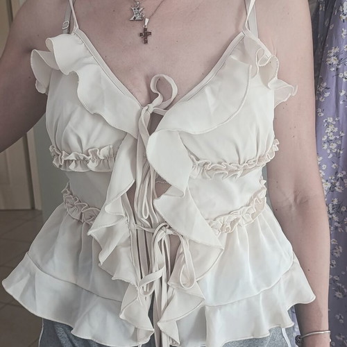 Blouse with cords and ruffles beige, like new, size S