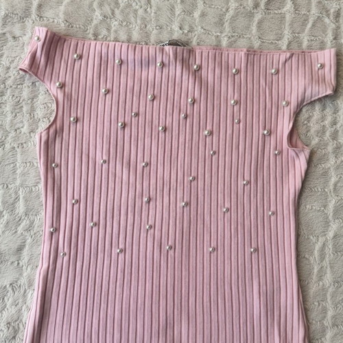 Zara Pink Ribbed Top with Pearl Details Size S Like New