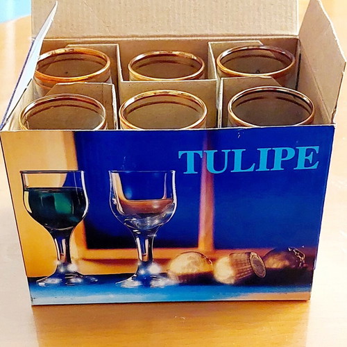 Pasabahce Tulipe Liqueur Glasses Set of 6 New with Gold Rim