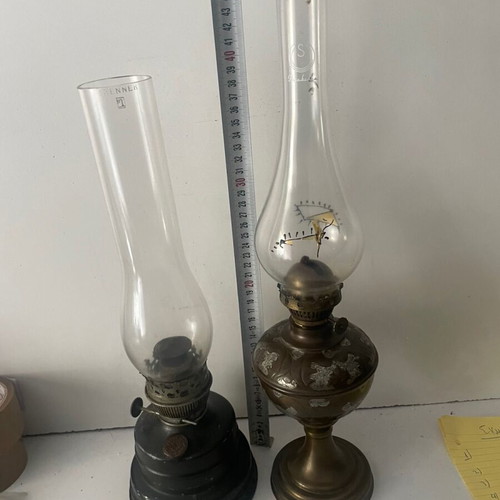 Oil lamps used, set of 2 with chimneys