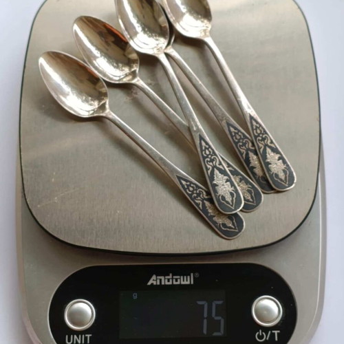 Silver 925 Tea Spoons Siam Set of 5 Used with Black Enamel Handles