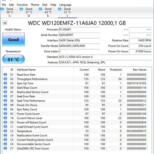 WD 12TB SATA HDD hard disk drive used, suitable for NAS and PC