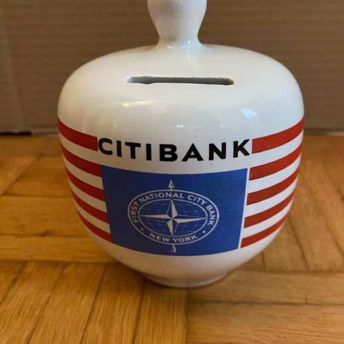 First National City Bank collectible piggy bank used, 1970 period