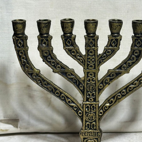 Vintage brass seven-branched menorah "Jerusalem" used, collectible candle holder