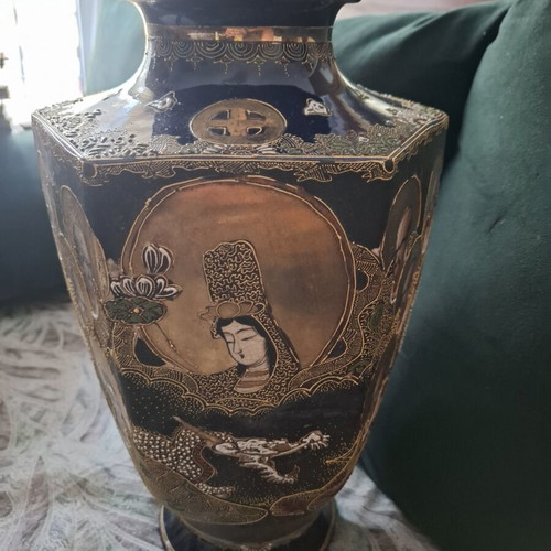 Japanese Kutani decorative vase used, 38 cm, Moriage cobalt blue