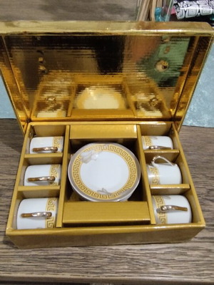 Porcelain coffee cup and saucer set of 12 with Greek Key design, new