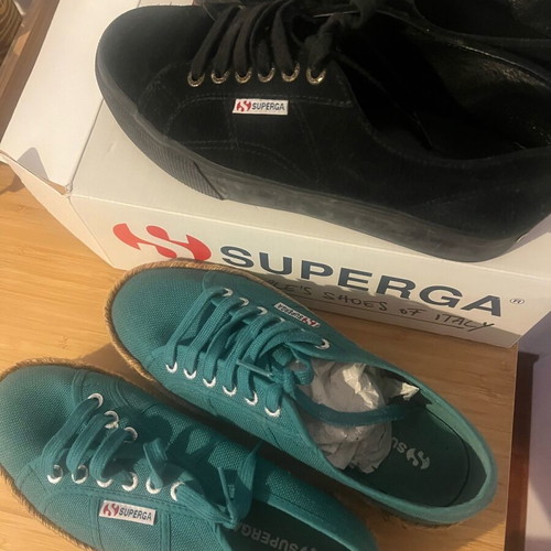 Superga black suede platform sneakers size 39 with green straw insole gift