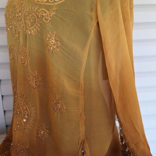 Blouse with Embroidery and Crystals New, Size M, Brown and Yellow
